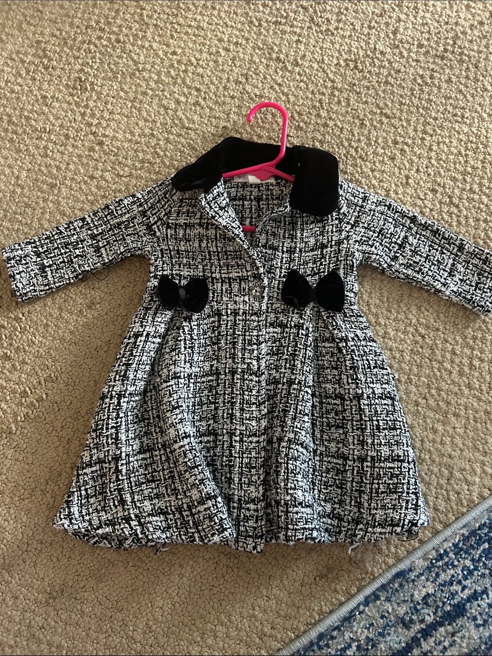 Nannette Black and White Tweed Girl's Pea Coat with Velvet Collar